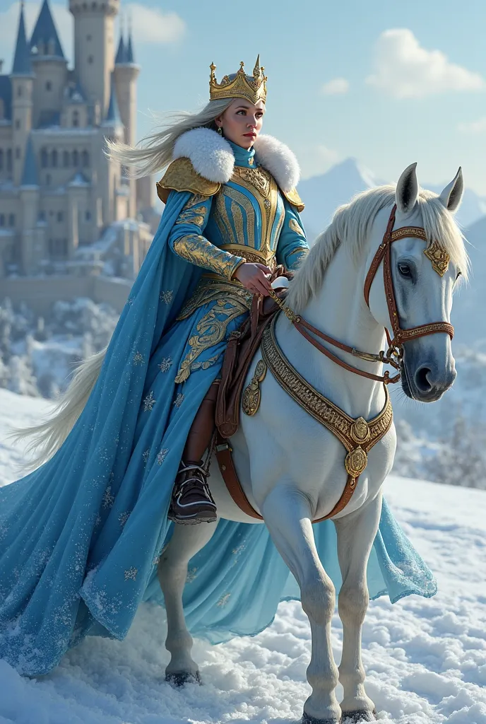 is a queen with an icy magic, in a golden shield striped in blue, and an authentic and powerful horse, Snow everywhere, in front of a giant castle in the background, the cover of the book,