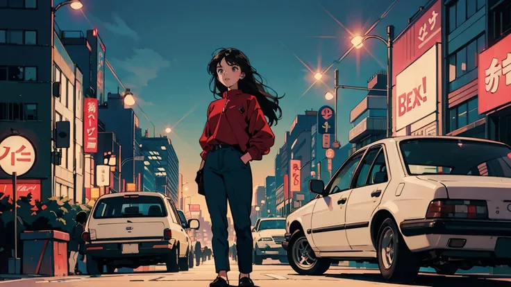 Highest quality, 8k, 21 year old girl, Black Hair,long Hair, Light brown eyes, City Pop, pants ,stand next to the car at night, whole body, Background is buildings at night,tokyo 