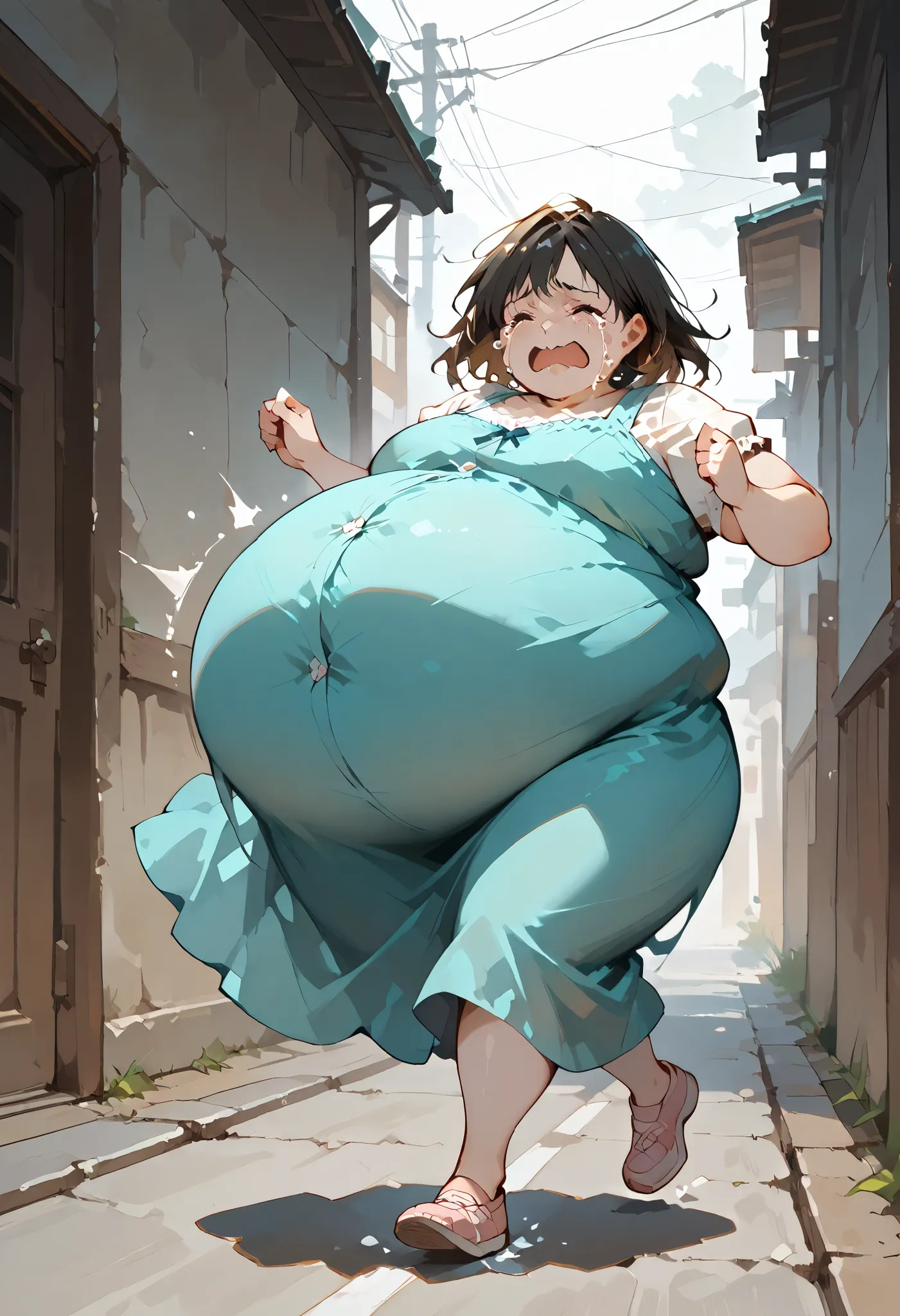 art by kipteitei, 1girl, crying, running down hill, dress, chubby (best quality, masterpiece), huge belly