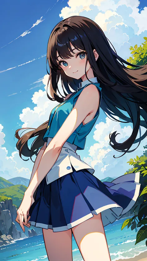 anime, blue sky、blue horizontal stripe sleeveless、Mini skirt in three colors: green, white and blue、siblings of a beautiful young man who looks like a dark-haired woman with long curly hair with bangs、slender、smile、dark brown big eyes、Don&#39;t show your b...