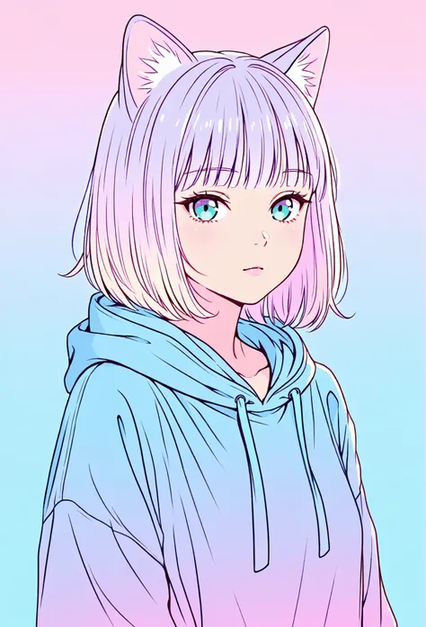 random hot and busty korean catgirl, cat ears, pastel color palette, no background, pastel background, colorful background,
