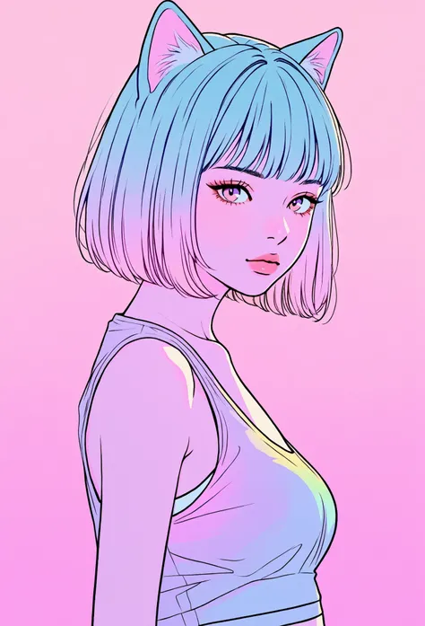random hot and busty korean catgirl, cat ears, pastel color palette, no background, pastel background, colorful background,