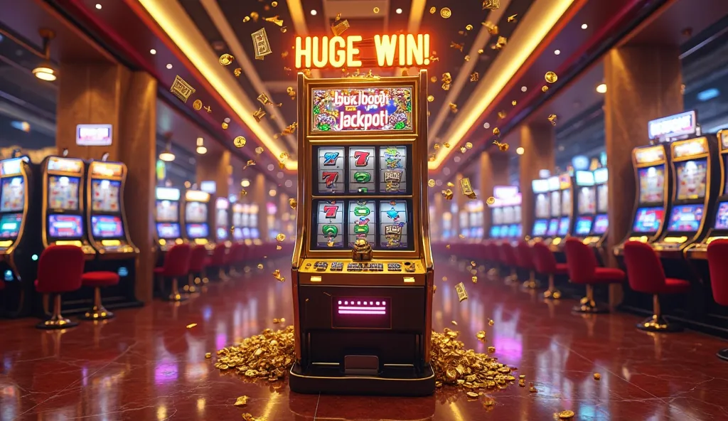 A high-end, ultra-realistic casino scene showcasing a massive jackpot celebration. The centerpiece is a luxurious slot machine with a sleek gold and black design, featuring bright LED accents and a large digital screen displaying a winning combination of s...