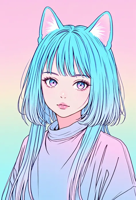 random hot and busty korean catgirl, cat ears, pastel color palette, no background, pastel background, colorful background,