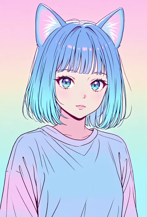 random hot and busty korean catgirl, cat ears, pastel color palette, no background, pastel background, colorful background,