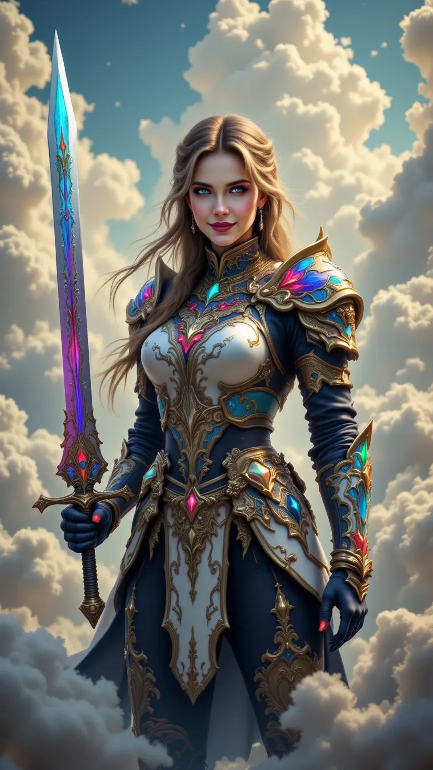 (((holding a huge sword in her hand and),(Armor with colorful and intricate patterns),(With a smile))),She is surrounded by clouds,Clouds scattered away from her {x},A masterpiece with living details,Hyper-realistic,Photo-like realism,HDR,studio lighting,s...