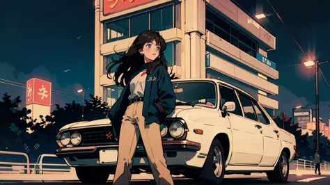 Highest quality, 8k, 21 year old girl, Black Hair,long Hair, Light brown eyes, City Pop, pants ,stand next to the car at night, upper body, Background is buildings at night,tokyo 