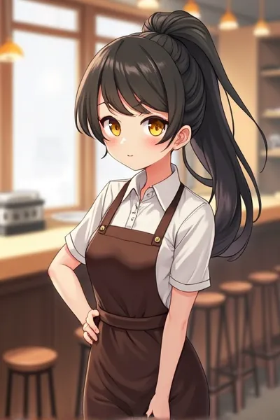 Long hair tied in a black ponytail, yellow eyes, cute face,  small height, 커다란 chest, white shirt, black jeans, brown apron,  cafe bar에 서 있는 모습, bar에 올려진 coffee 한잔, 2D anime style #  cafe # bar # chest # Slender fingers #  small height # coffee