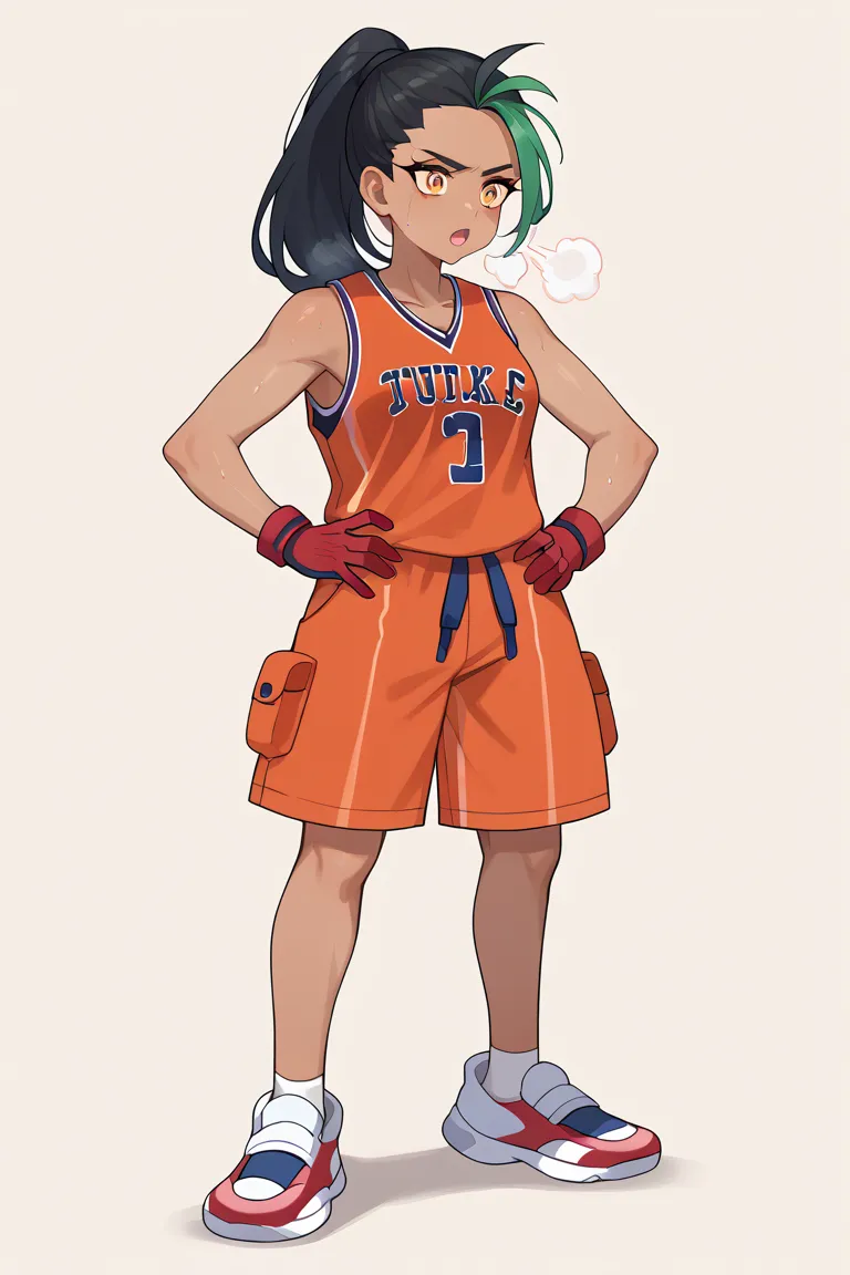 score_9,score_8_up,score_7_up BREAK NemonaSDXL,1girl,solo,long hair,shirt,black hair,gloves, basketball uniform, ponytail,green hair,shorts, red tanktop,,dark skin,,dark-skinned female,streaked hair,orange eyes,black eyelashes,freckles,,hair pulled back, r...