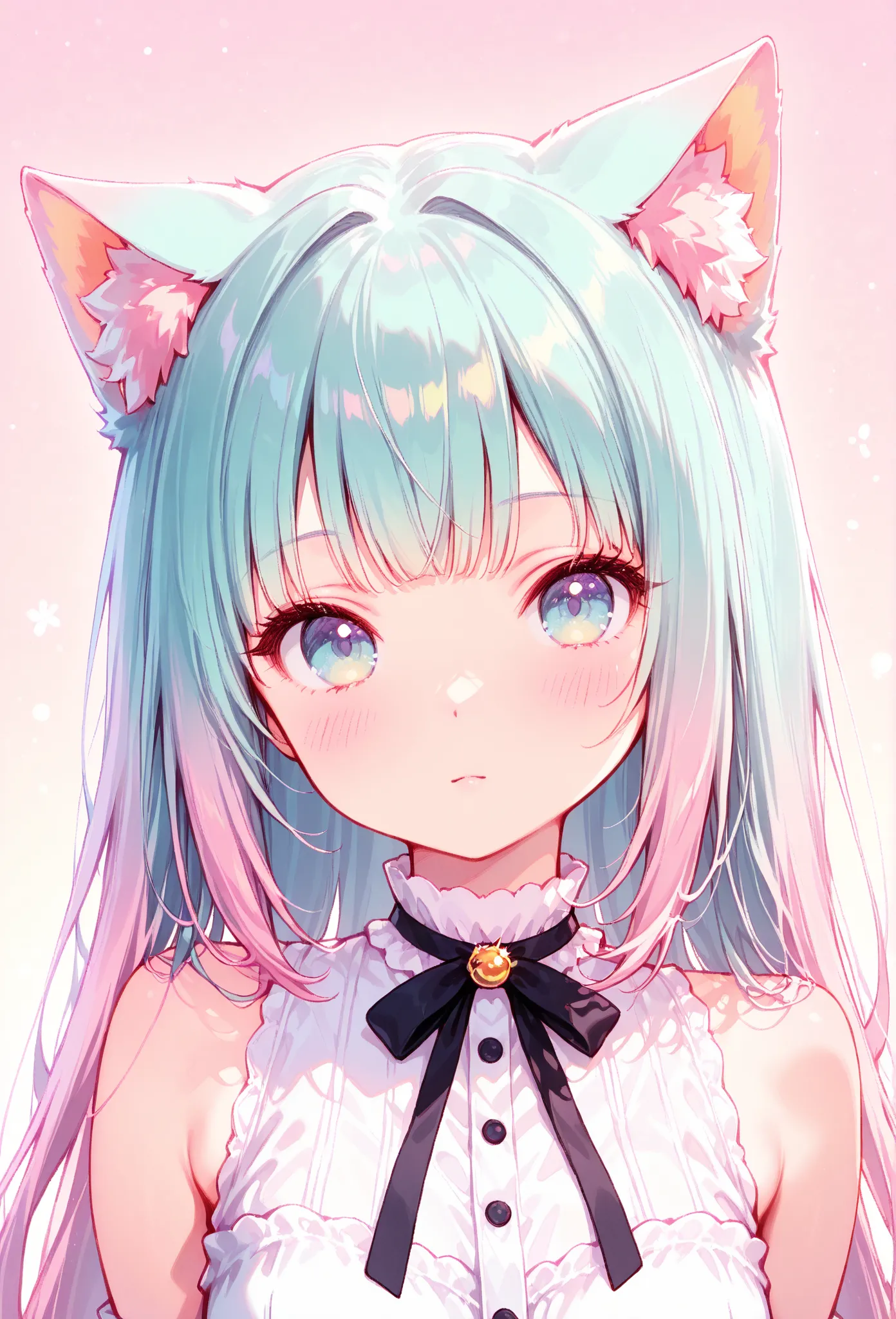 random hot and busty korean catgirl, cat ears, pastel color palette, no background, pastel background, colorful background, 