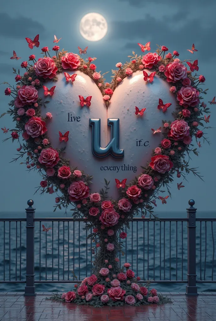 A large, dark-red heart-shaped object, decorated with numerous small, detailed, dark-red roses, is centrally positioned in the image.  The heart features the letter "U" in a light-grey color in the center of heart, with small, red-outlined hearts around it...