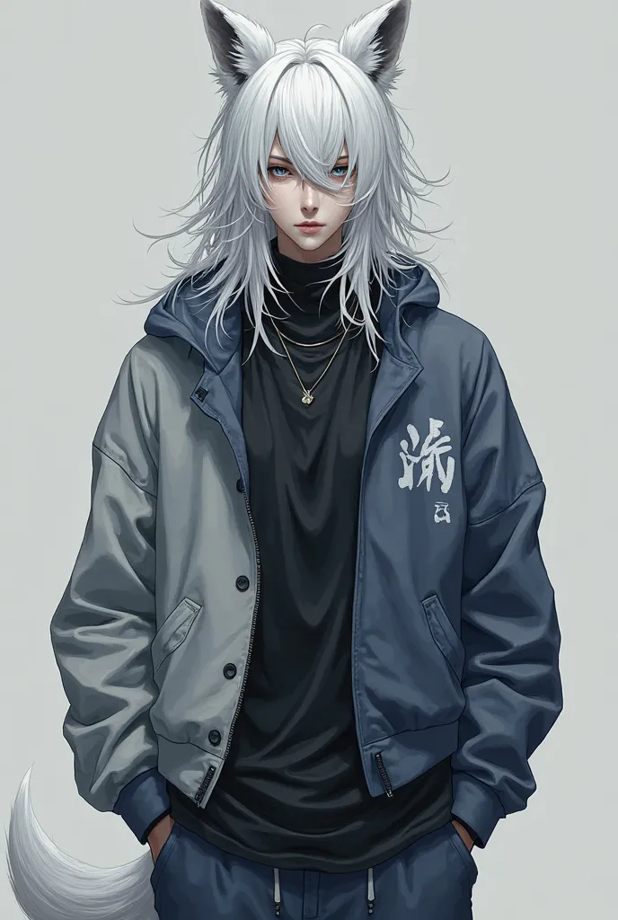 Kitsune white male with long hair whose bangs cover half of his face dressed in pants, black blouse and sweatshirt, gray and navy blue