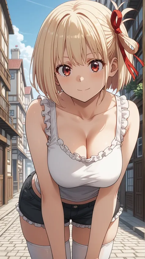 chisato nishikigi, short hair, bangs, blonde hair, red eyes, hair ribbon, one side up, bob cut, large breasts, strings tank top, white tank top, short pants, cleavage, (frilled tank top:1.3), ribbon, thigh highs, (leaning forward, bend forward:1.3), large ...