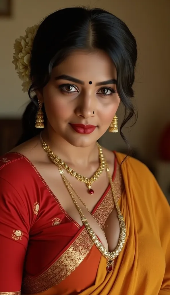 Portrait of a mature Indian milf standing with detaild hands and walking to the camera wide short, with lust in her eyes, black hair tied around, flowers in head,sandal mark on forehead, sindhur on forehead (vermilion mark on forehead in the middle of hair...