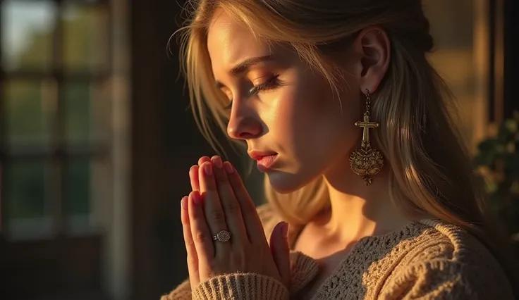 a beautiful blonde girl, in left side, cross earrings, sad praying, wrapping around her hands,beautiful girl,detailed facial features,sad expression,praying pose,cross earrings,high quality,masterpiece,professional portrait,intricate details,cinematic ligh...