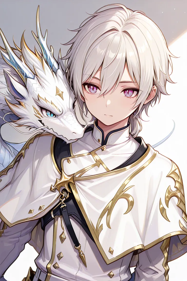 Dragon with a submissive and delicate appearance with a semi-dressed white and gold color palette, a man, femboy