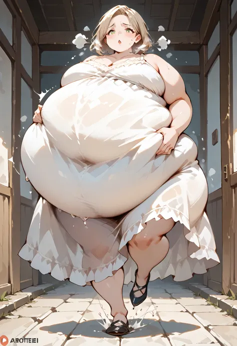 art by kipteitei, 1girl, out of breath, holdingown belly, running down hill, dress, chubby (best quality, masterpiece), huge belly, gasping for air, sweaty
