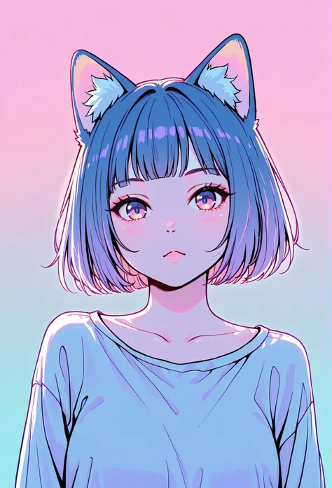 random hot and busty korean catgirl, cat ears, pastel color palette, no background, pastel background, colorful background,