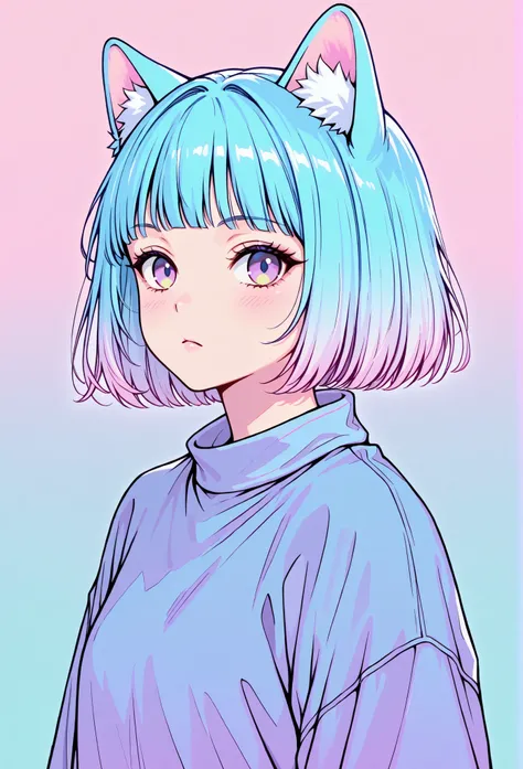 random hot and busty korean catgirl, cat ears, pastel color palette, no background, pastel background, colorful background,