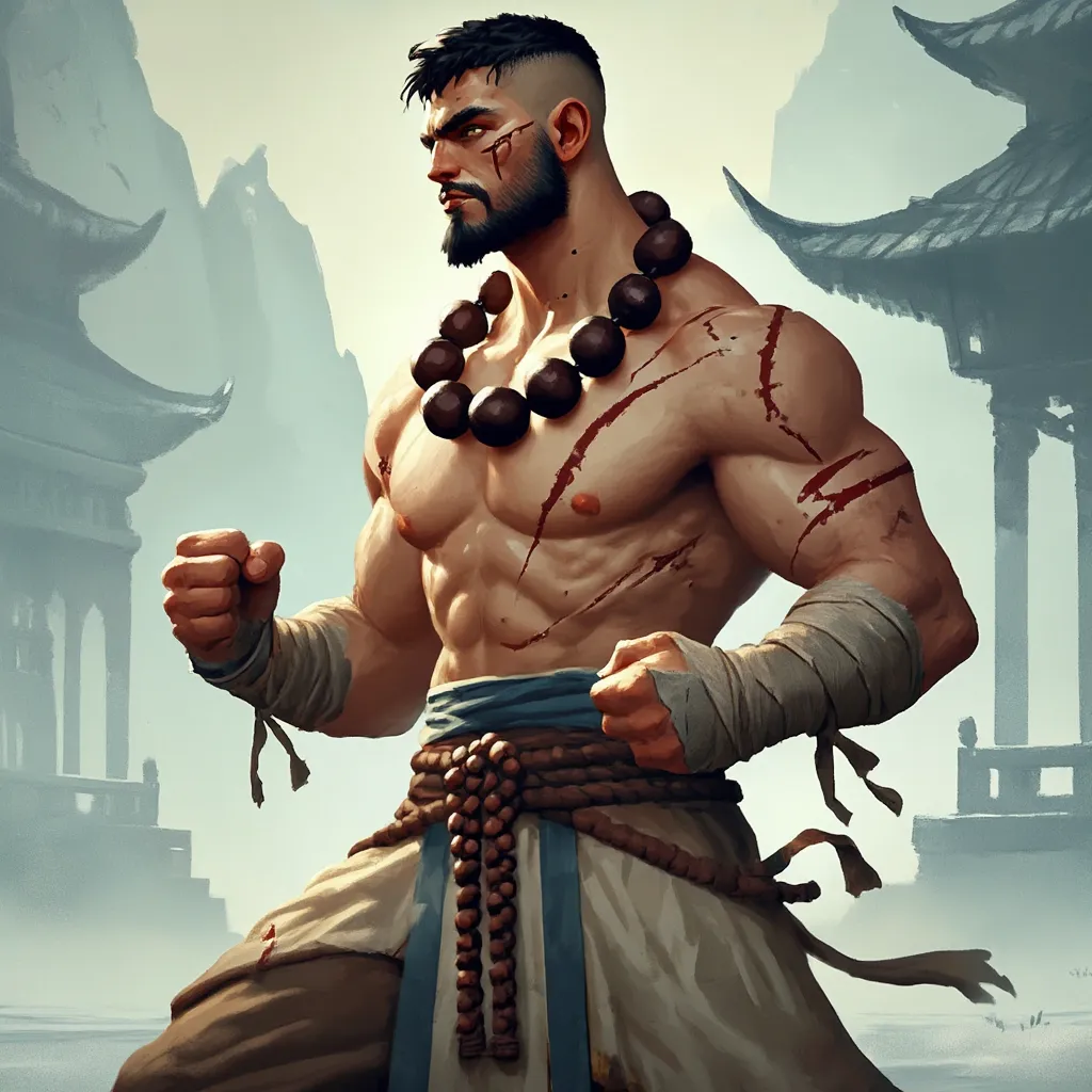 "A stylized digital painting of a human barbarian raised in a monastery. He has a muscular, bare torso with smooth skin and minimal scars. A large monk-style bead necklace crosses diagonally over his chest. He wears traditional monk pants with a cloth belt...