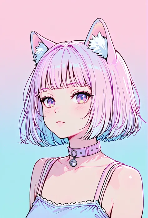 random hot and busty korean catgirl, cat ears, pastel color palette, no background, pastel background, colorful background,