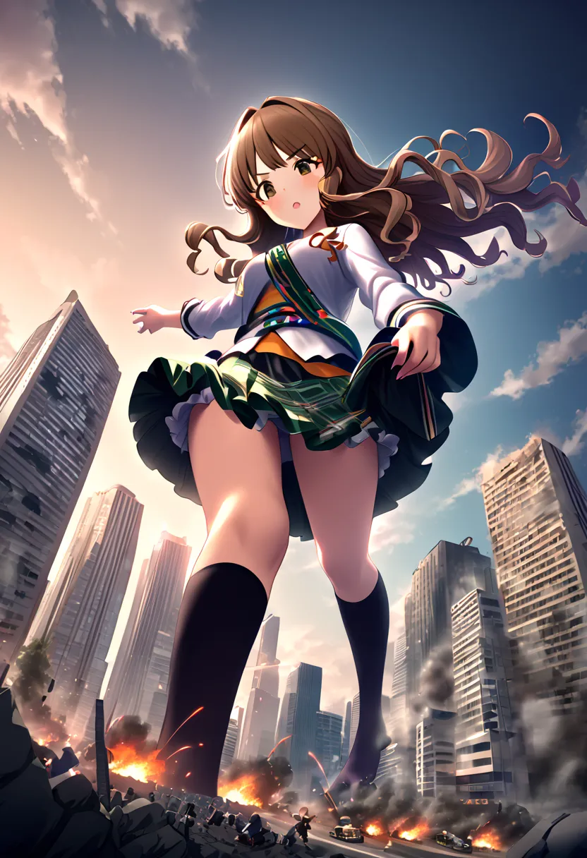  moroboshi verb,tall woman, long hair, brown hair, wavy hair, brown eyes, medium chest,   
huge，brown hair，age girl，short skirt, 建物より背の高いhuge女の子，wearing black knee socks， Destroying the City ， miniature city，&#39;Foot，Ready to run wild， playing with toys ，...