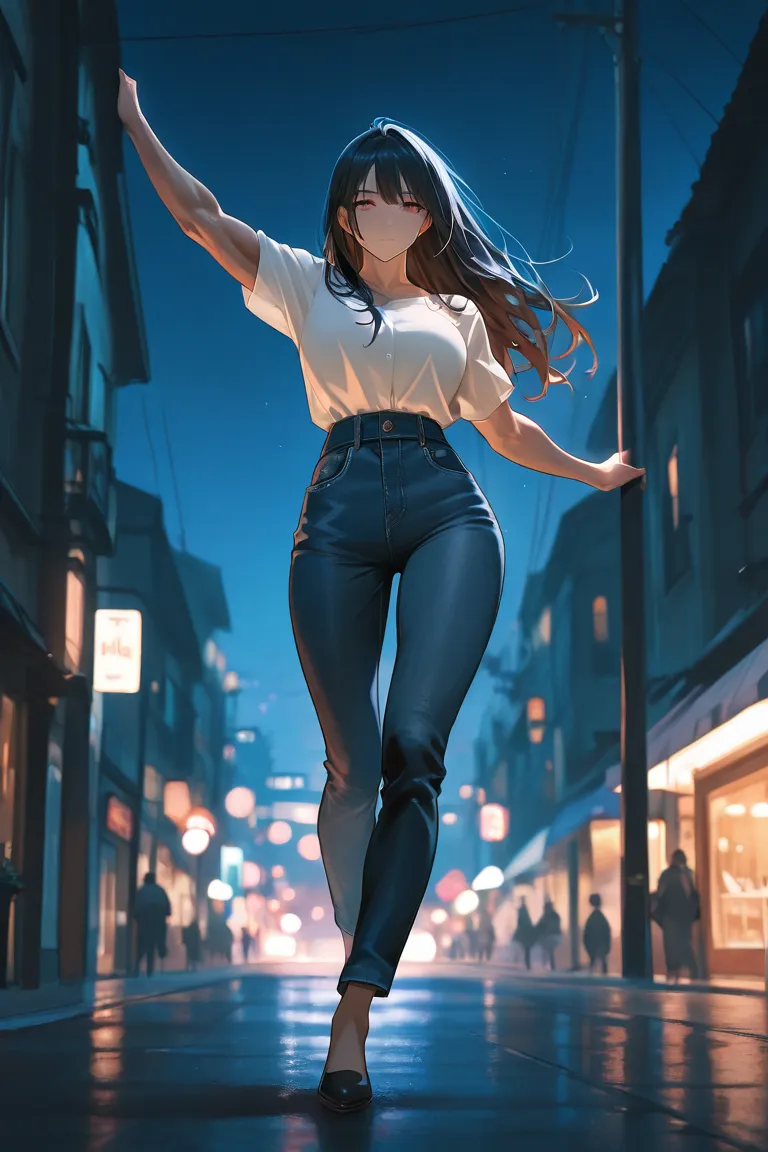 beautiful girl, long hair, muscular body, her height is about 6 feet tall, attractive, top quality, masterpiece, denim outfit, cinematic shot, dark ambience, night time, dynamic pose, mysterious