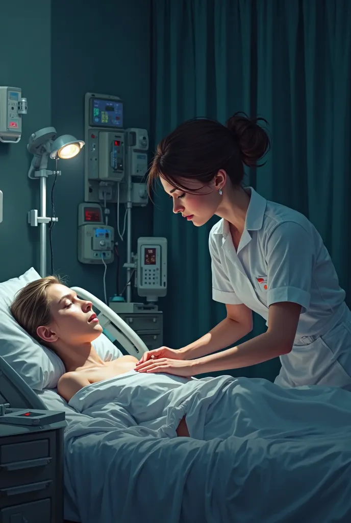 A dedicated nurse tending to a patient late at night, 