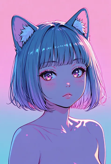 random hot and busty korean catgirl, cat ears, pastel color palette, no background, pastel background, colorful background,