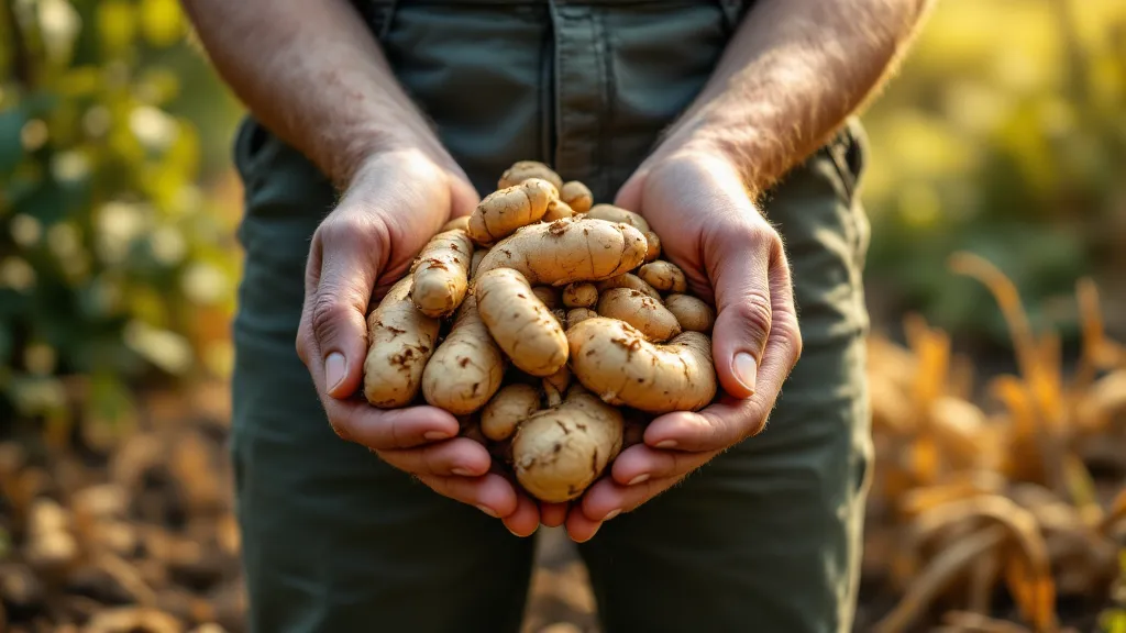 A pair of human hands gently holding a large cluster of fresh ginger roots. The ginger has a natural, earthy brown color with a slightly rough texture, and its irregular, knotted shapes create an organic, realistic appearance. The background is an outdoor ...