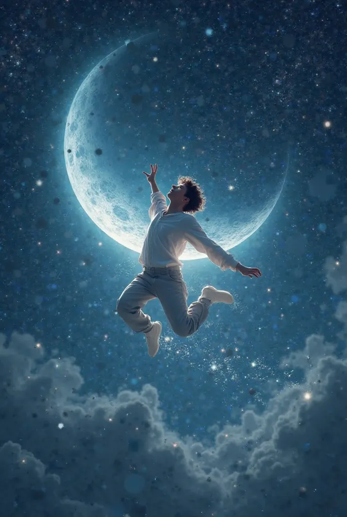 Guy flying in sky between stars far moon 