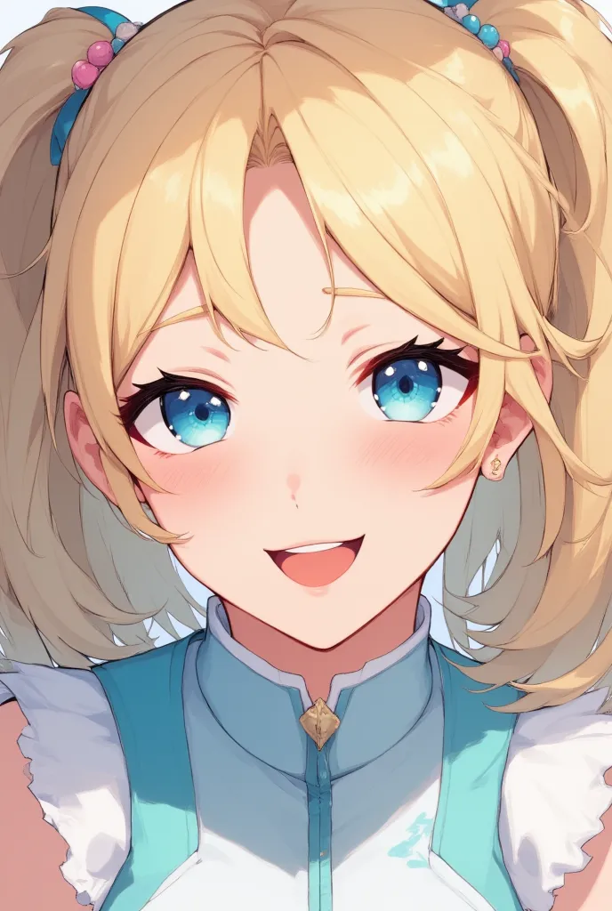 young blonde with her hair tied in ponytails, light blue eyes, WEARING lightly blue and white clothes, skin with pink details,  superpowers,  beautiful, big and beautiful smile, slightly loose hair, very long hair   