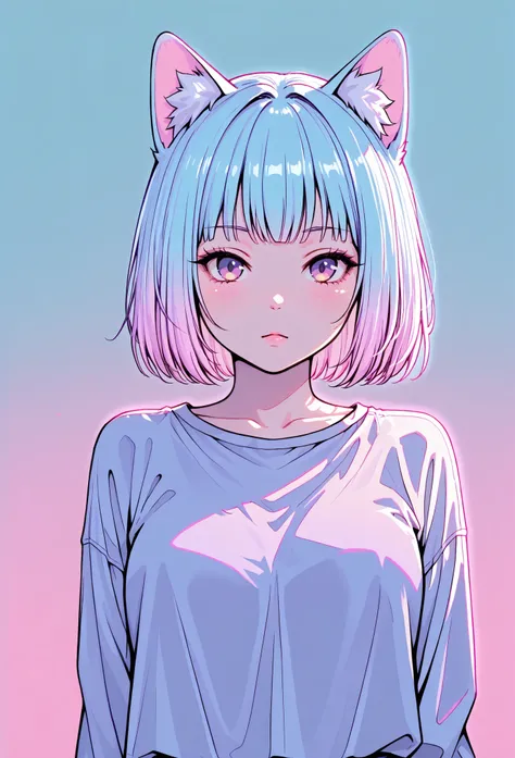 random hot and busty korean catgirl, cat ears, pastel color palette, no background, pastel background, colorful background,