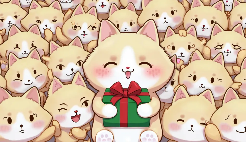 100 cats,Increase the number of cats,More cats,cute,anime-like,High Resolution,  lots of cats, holding a present,