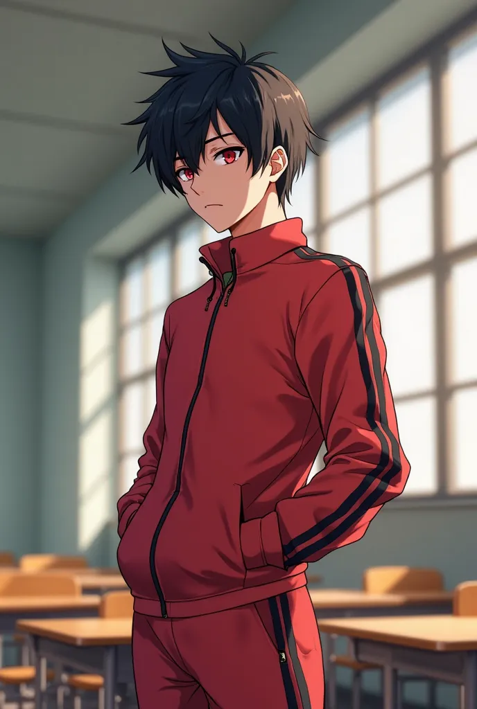 "A 20 year old young man with short messy black hair and striking red eyes stands in a bright classroom. He wears a red tracksuit with black stripes running down the sleeves and pants. His intense gaze is fixed on someone. The classroom is filled with natu...