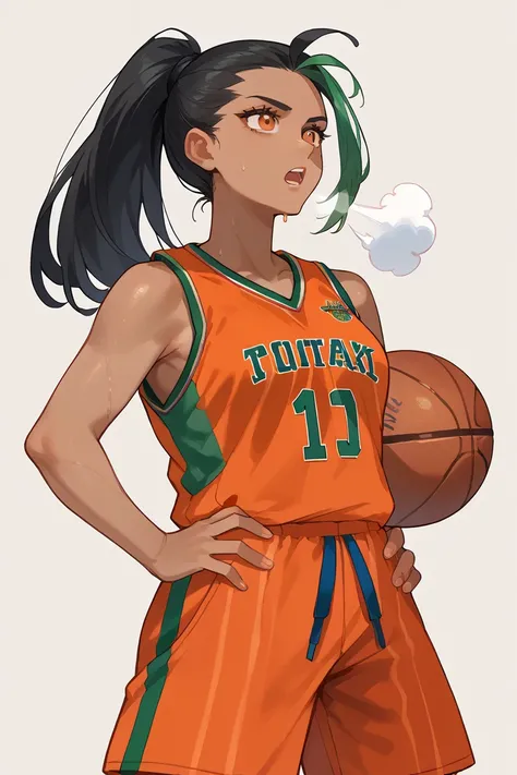 score_9,score_8_up,score_7_up BREAK NemonaSDXL,1girl,solo,long hair,shirt,black hair,gloves, basketball uniform, ponytail,green hair,shorts, red tanktop,,dark skin,,dark-skinned female,streaked hair,orange eyes,black eyelashes,freckles,,hair pulled back, r...