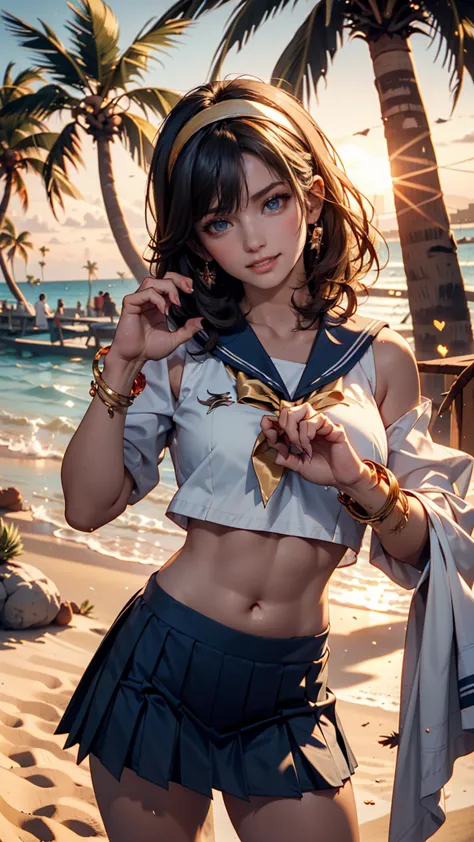 two hugging each other while standing ,long hair , straight hair , round face  , sailor suit、Belly button visible、micro mini pleated skirt（Navy Blue）、as shown in the picture , Golden sand beach at sunset 、(strand,(palm tree)、smile、headband、(++++++Claw Pose...