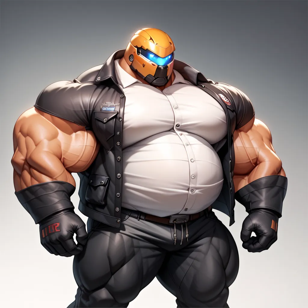 a man with a big giant musclegut tall wide body and big round gut using white shirt, black jacket, black pants, black glove, and robot head which cover every of his head. standing still, solo, very big body, very tall body, very wide body, very muscular bo...