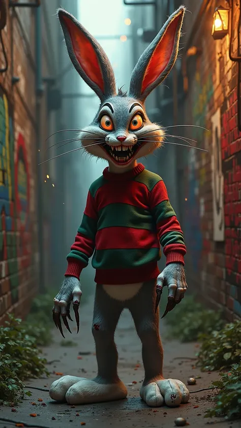 The fusion is a grotesque nightmare, combining Bugs Bunny’s rabbit-like features with Freddy Krueger’s burned, scarred flesh.
Its elongated ears are torn and jagged, its face twisted into a sinister grin, sharp fangs protruding from its mouth, and eyes glo...