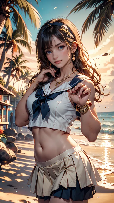 two hugging each other while standing ,long hair , straight hair , round face  , sailor suit、Belly button visible、micro mini pleated skirt（Navy Blue）、as shown in the picture , Golden sand beach at sunset 、(strand,(palm tree)、smile、headband、(++++++Claw Pose...