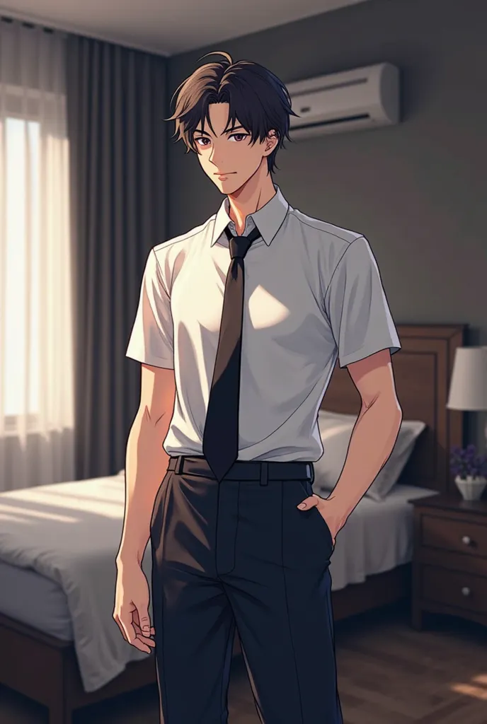 Create handsome man anime stand in attitude style Korean hair style white t shirt black tie black trouser Room decoration is modern like LED and Gaming computer on the table create bed left side the man in the room All these things manage and create with r...