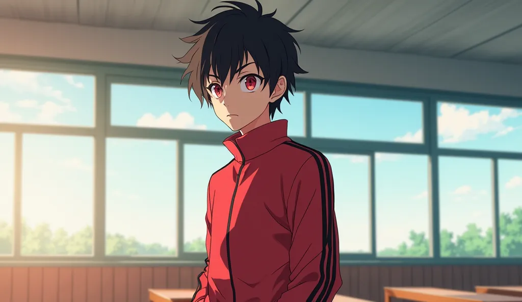 "A 20 year old young man with short messy black hair and striking red eyes stands in a bright classroom. He wears a red tracksuit with black stripes running down the sleeves and pants. His intense gaze is fixed on someone. The classroom is filled with natu...