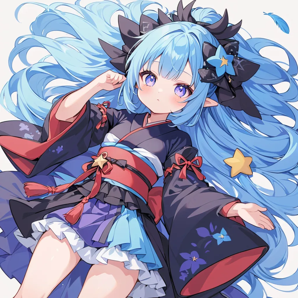   1 girl，，Blink，    world's cutest girl   ，Milk White and Blue Hair Color、 long hair、Wear a colorful and cute gothic kimono costume   ,  Star Fairy ,Wear a colorful and cute gothic kimono costume    with little fairy feathers growing from above your waist ...