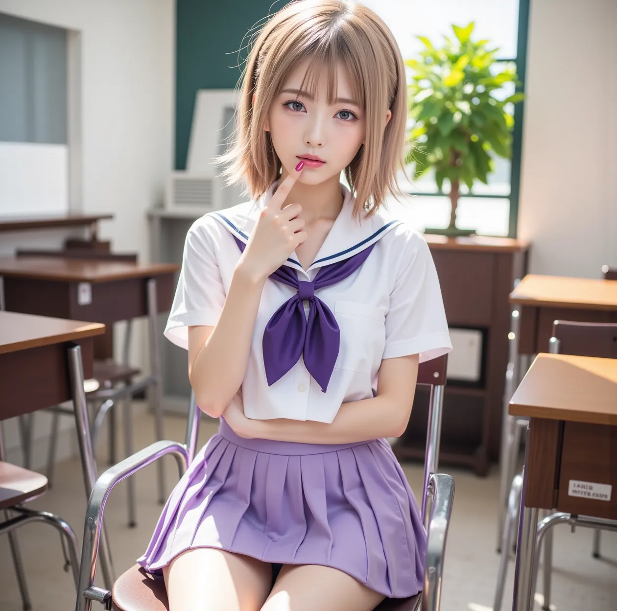 (( school uniform,purple ,Pleated Skirt,1 in my style:3)),((full body)),((perfect body)),8K wallpaper,((blonde hair)), hair that flutters in the wind, hair hanging over shoulders, ((short ponytail)),((sit on a chair, cross your legs, and place your fingert...