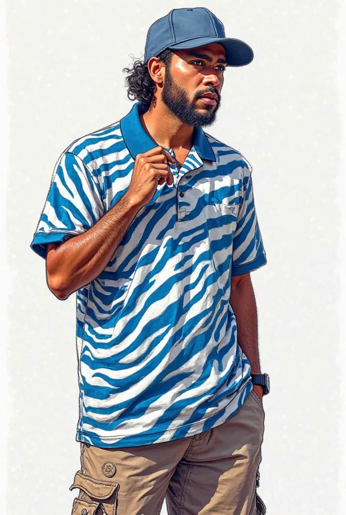 Draw a realistic image of a Latino person around  low profile rapping in a zebra shirt with white and blue stripes, regular polo sport with a cap and wide pants, umbrella fabric for an underground rap battle.

