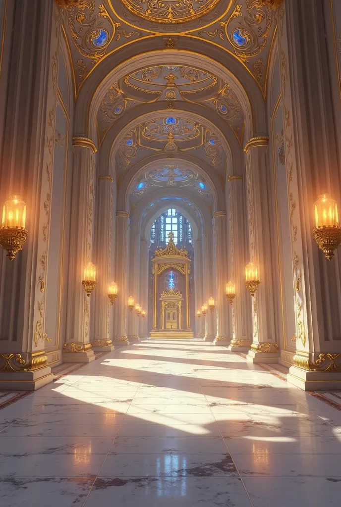 A grand hallway inside a royal palace, leading to the ceremonial hall. The polished white marble floor reflects the golden candlelight from floating magical lanterns. The high arched ceiling is adorned with intricate golden patterns, with glowing blue gems...