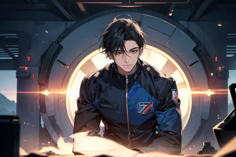 (Best picture quality, High res, Very high res), abstract, masculine, dark blue hair, 33 years old, dark blue eyes, jacket, black and  dark blue  pilot suit, dark blue gaze, calm, quiet, gentle smile, observatory, with wolf, dawn