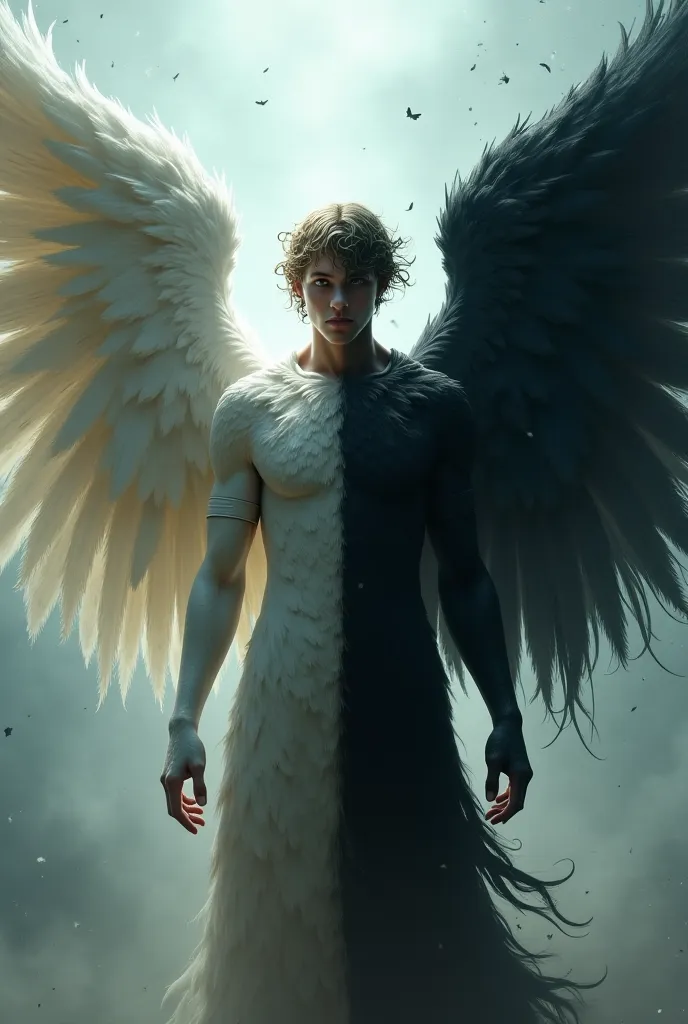 A person whose left side has the white wings of an angel and the right side the black wings of a fallen angel 