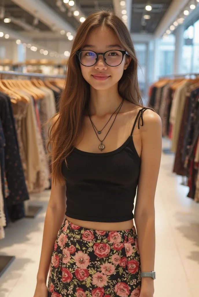 creates a girl with tall thin humento glasses she wears a black top with straps, a short skirt with floral print in shades of clothing  ,  and a black necklace . ,white tennis shoes .  Physically , looks like a ager or a young adult with long brown hair, f...