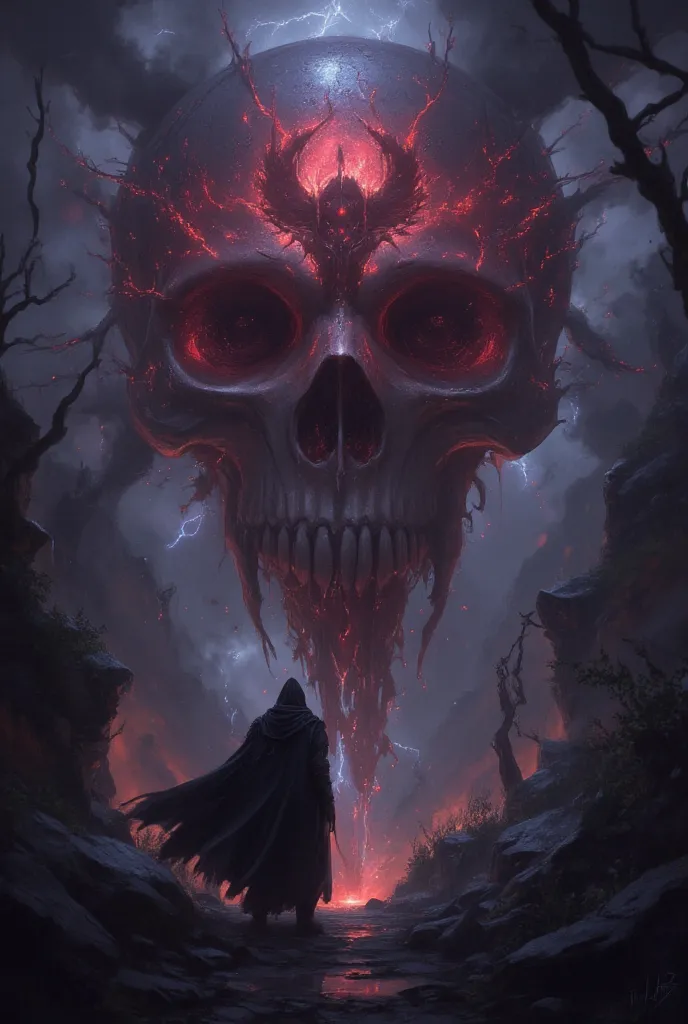 Gloomy Fantasy Art,一道幽靈Skull Shape的 Lightning擊中了一名巫師,Fine Detail,for higher resolution,Professional Effect,Dark Cloudy Sky, Dark Forest,Strange Ambience, Lightning,Skull Shape,Wizard's Clothes Floating,Professional Dark Fantasy Art,digital drawing,4K High ...